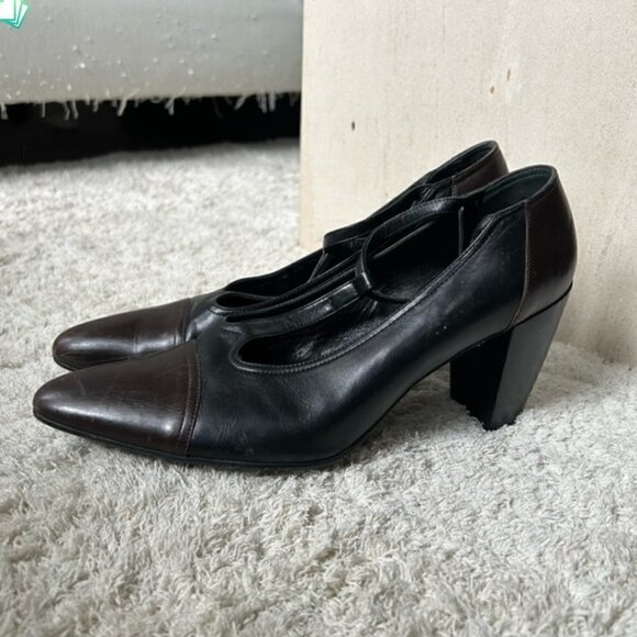Vintage Robert Clergerie Black Brown Pointed Toe Ankle Strap Heels 10.5 - Picture 2 of 11